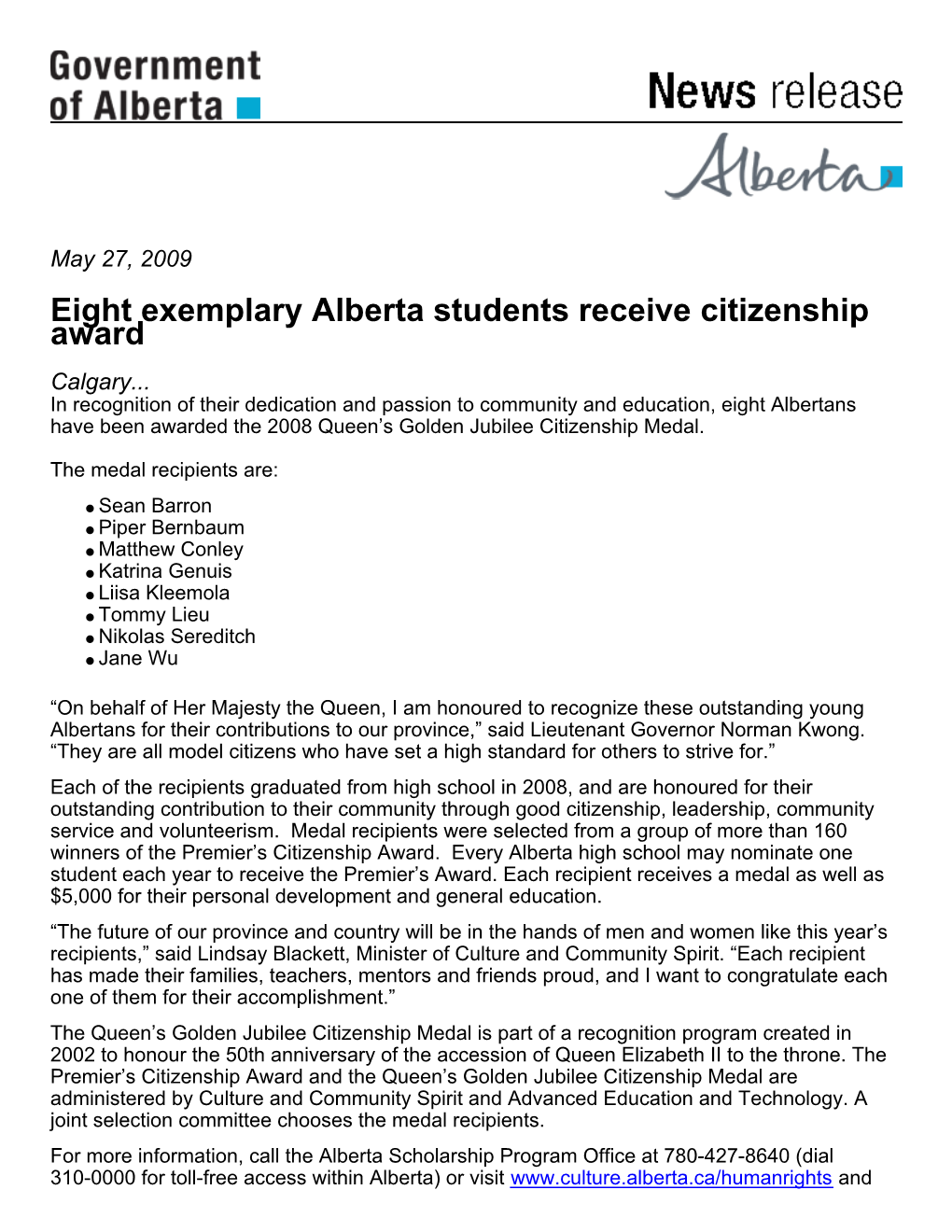 Eight Exemplary Alberta Students Receive Citizenship Award Calgary