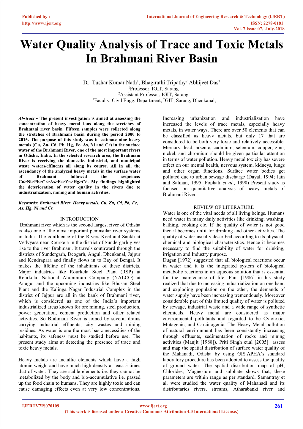 Water Quality Analysis of Trace and Toxic Metals in Brahmani River Basin