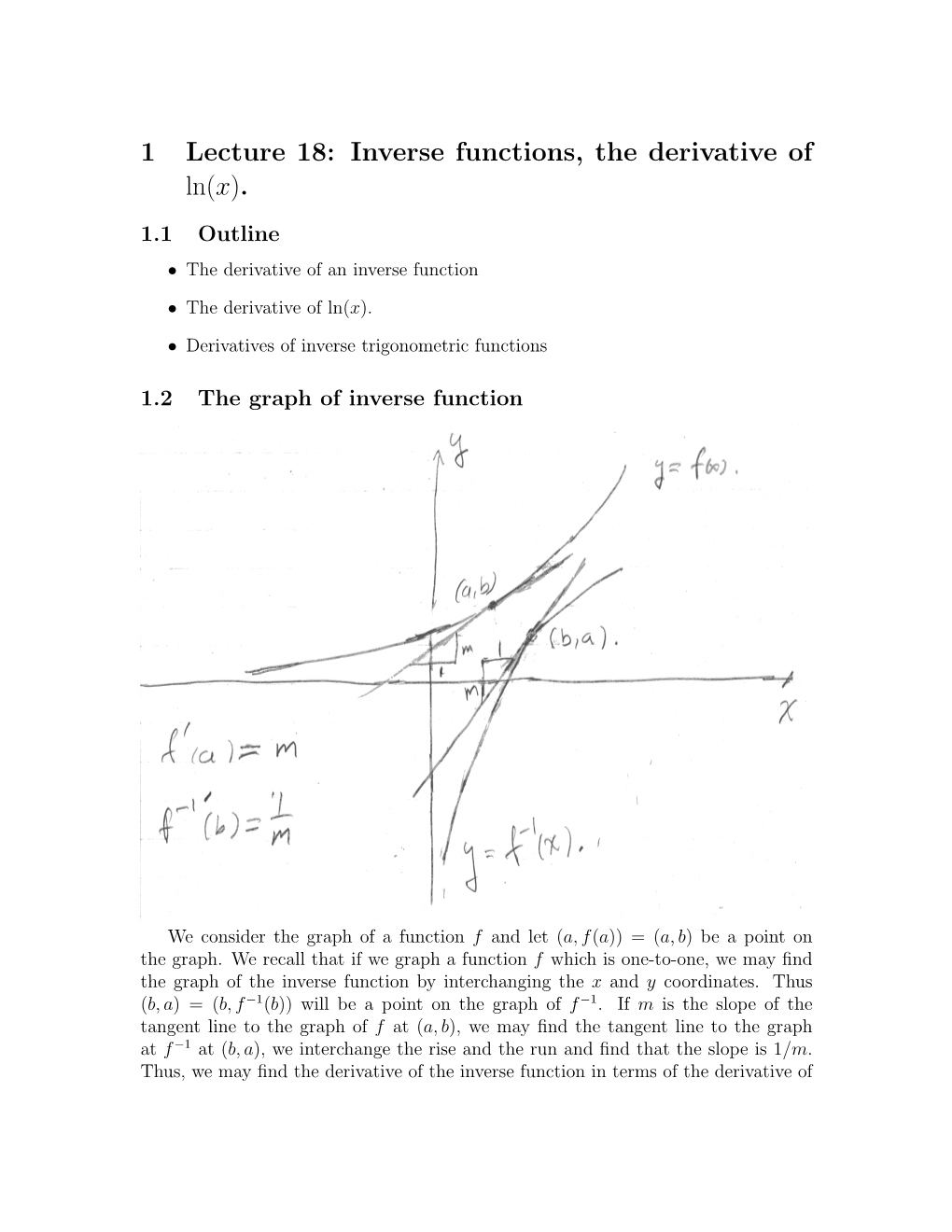 1 Lecture 18: Inverse Functions, the Derivative of Ln(X)