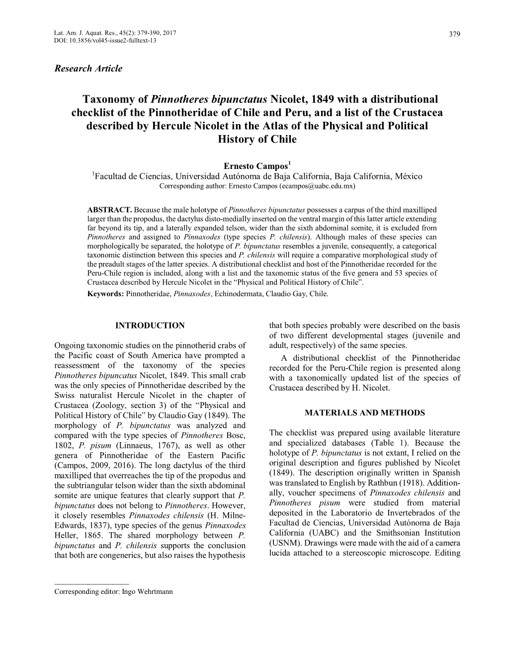 Taxonomy of Pinnotheres Bipunctatus Nicolet, 1849