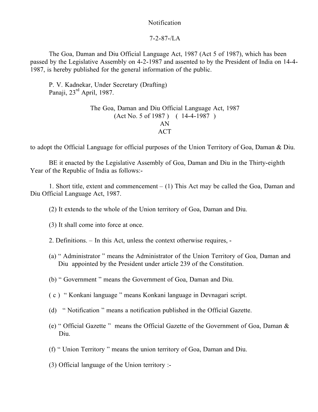 Notification 7-2-87-/LA the Goa, Daman and Diu Official Language
