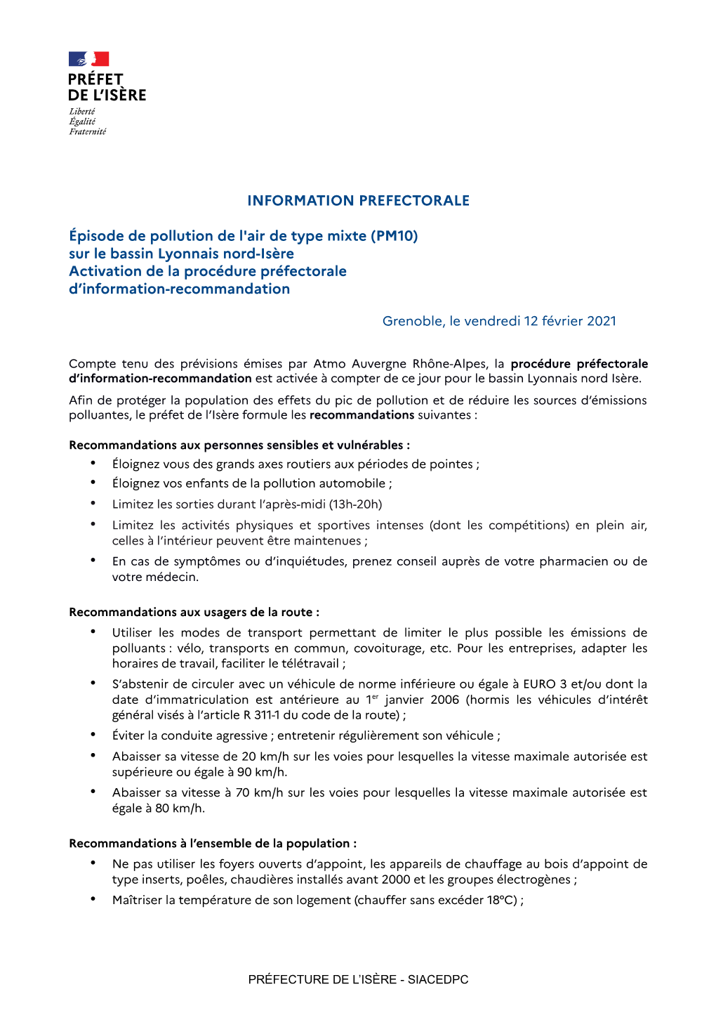 INFORMATION PREFECTORALE Épisode De Pollution De L'air De Type