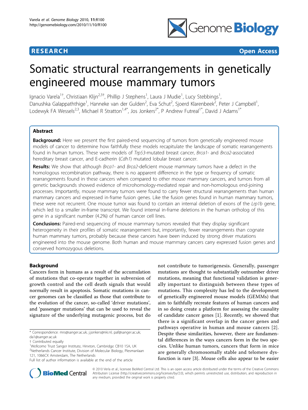 Somatic Structural Rearrangements in Genetically Engineered Mouse Mammary Tumors