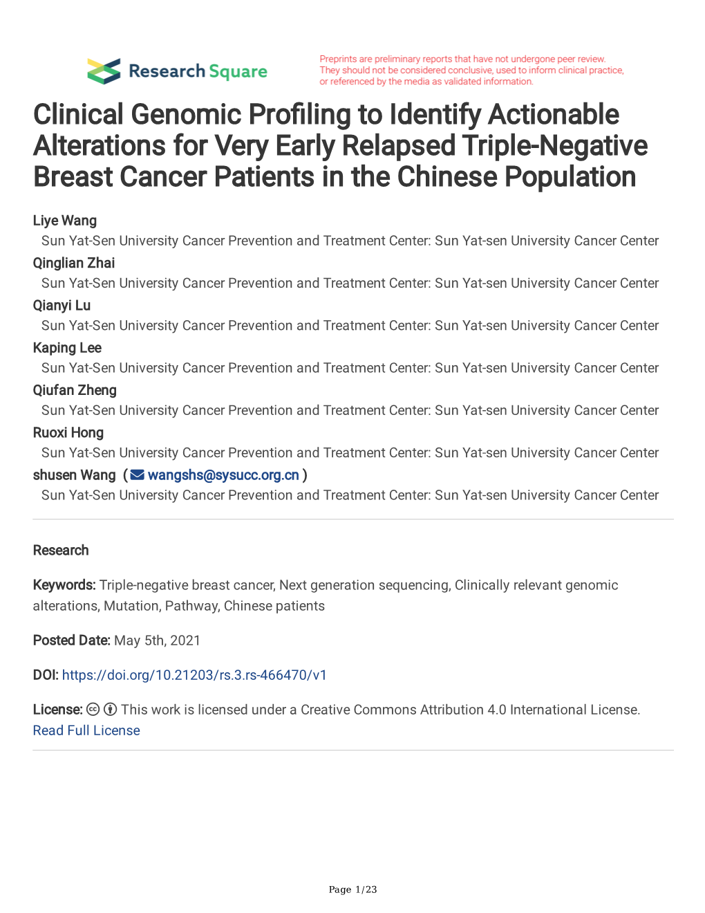 Clinical Genomic Pro Ling to Identify Actionable Alterations for Very Early