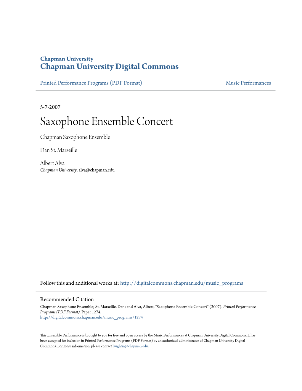 Saxophone Ensemble Concert Chapman Saxophone Ensemble