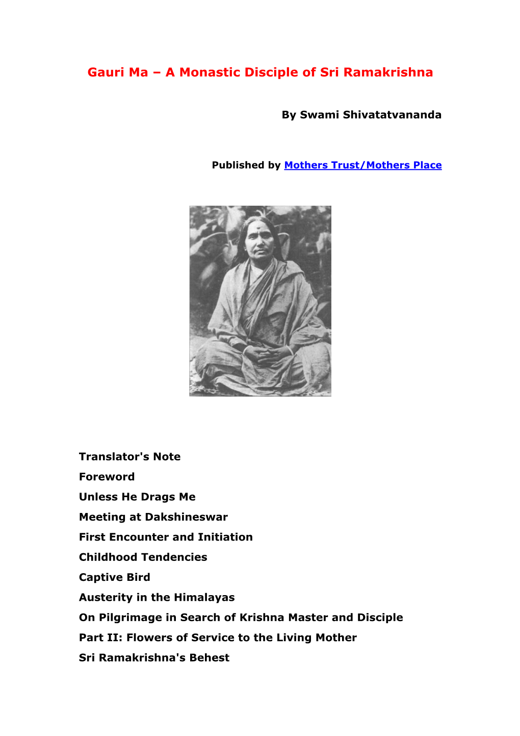 Gauri Ma – a Monastic Disciple of Sri Ramakrishna