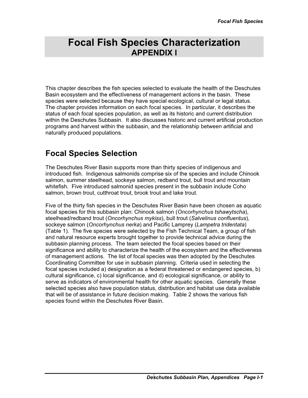 Focal Fish Species Characterization APPENDIX I