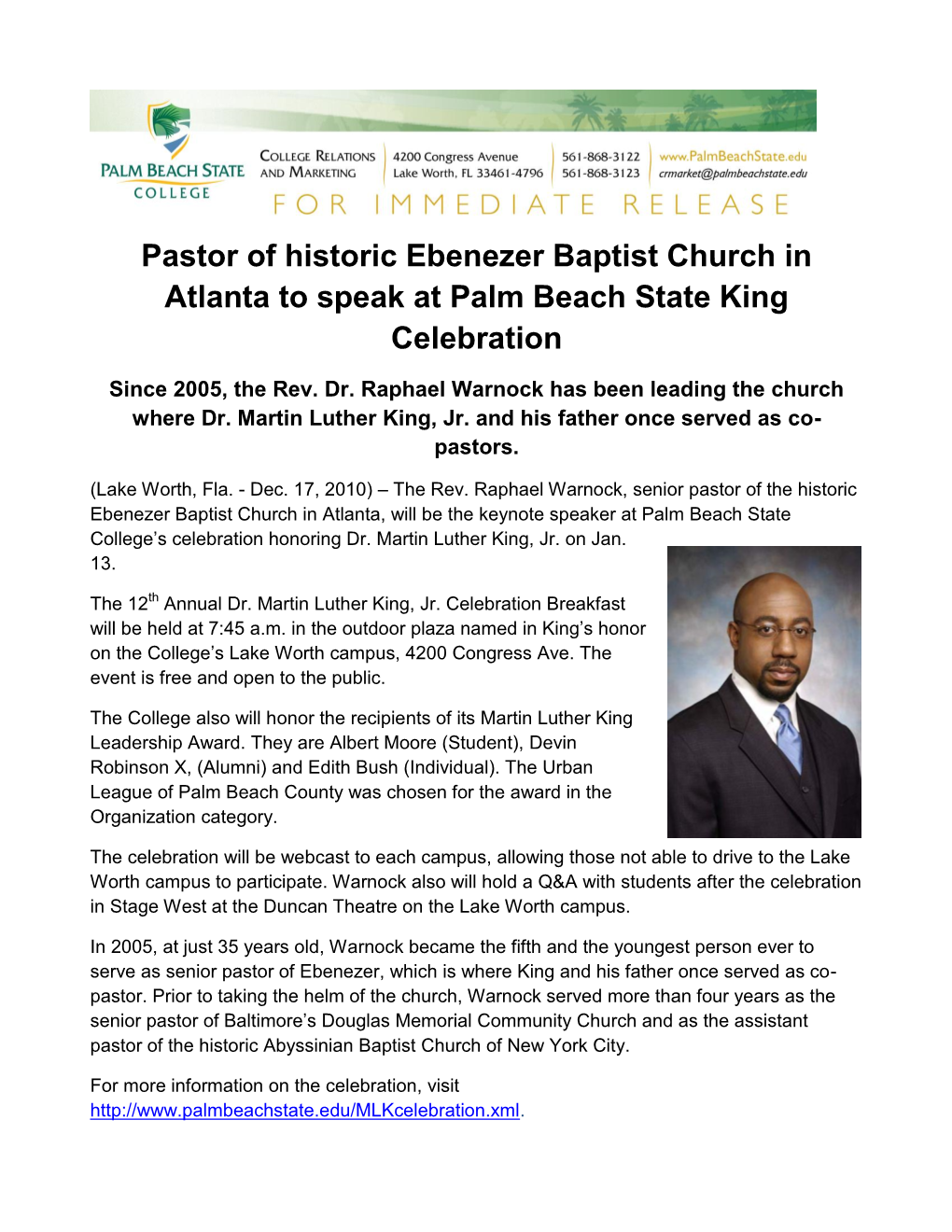 Pastor of Historic Ebenezer Baptist Church in Atlanta to Speak at Palm Beach State King Celebration