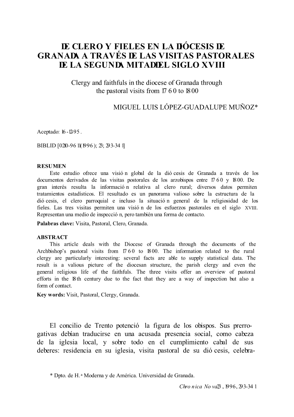 De Clero Y Fieles En La Diócesis De Granada a Través De Las Visitas Pastorales De La Segunda Mitad Del Siglo Xviii