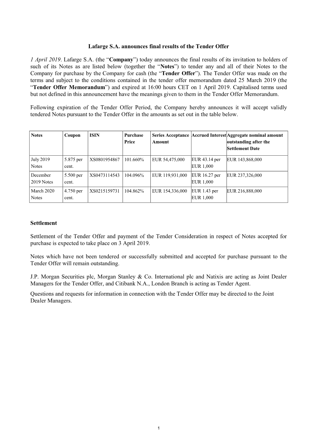 Lafarge Tender Results