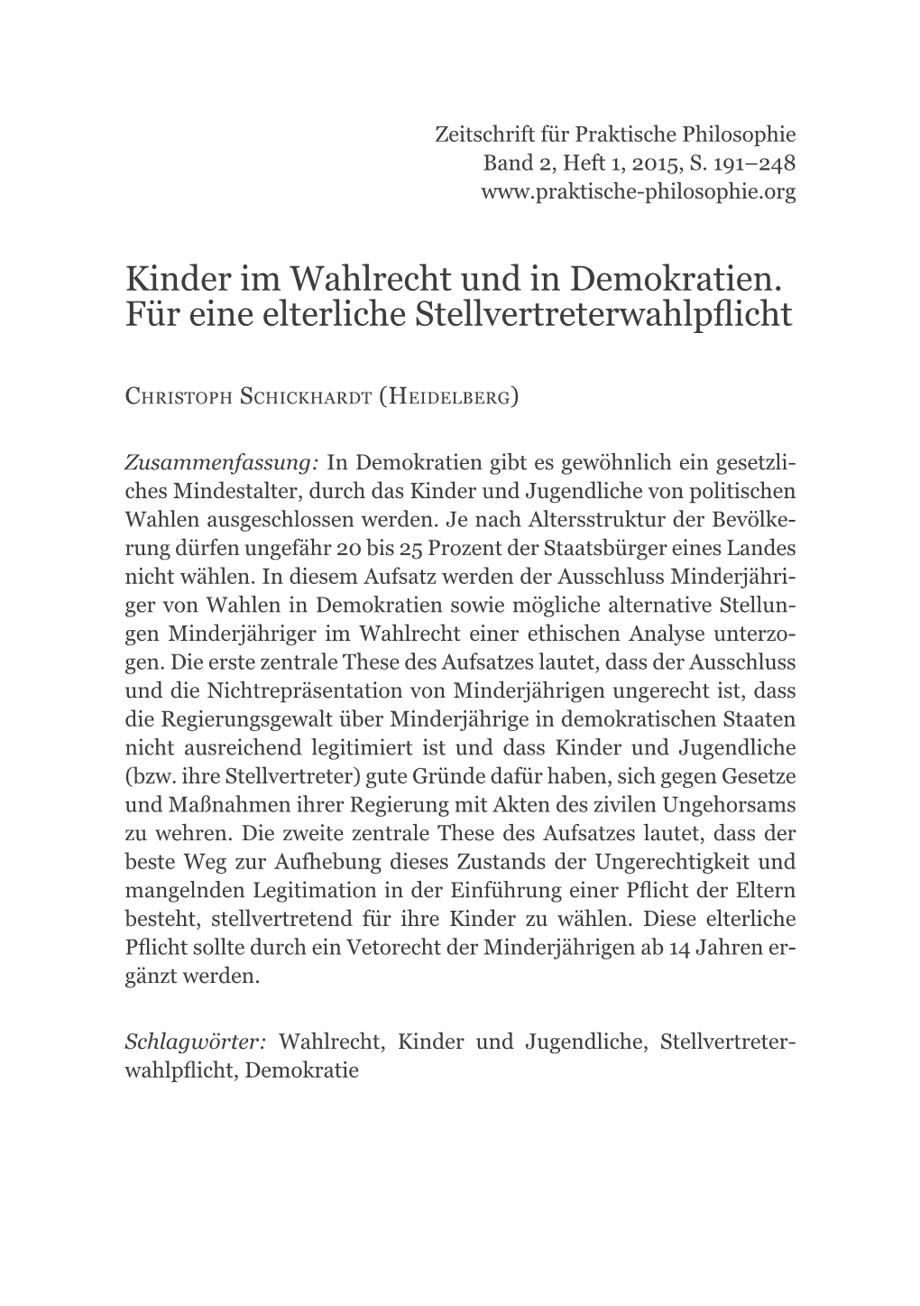 Kinder Im Wahlrecht Und in Demokratien. Für Eine Elterliche Stellvertreterwahlpflicht