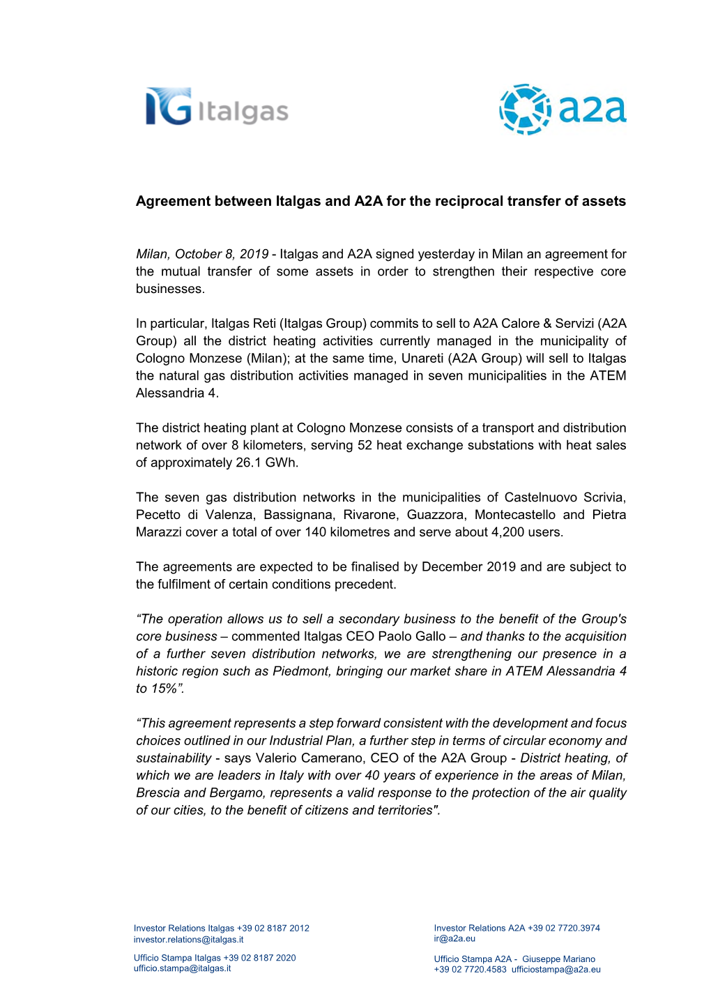 Agreement Between Italgas and A2A for the Reciprocal Transfer of Assets