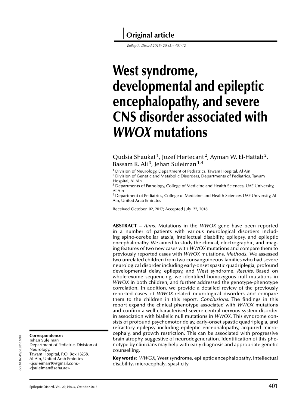 West Syndrome, Developmental and Epileptic Encephalopathy, and Severe CNS Disorder Associated with WWOX Mutations