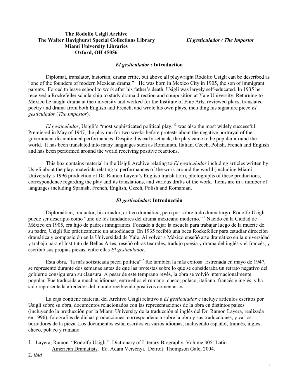 The Rodolfo Usigli Archive the Walter Havighurst Special Collections Library El Gesticulador / the Impostor Miami University Libraries Oxford, OH 45056