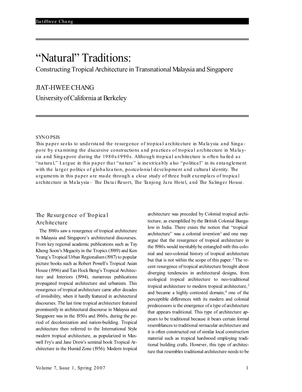“ Natural ” Traditions : Constructing Tropical Architecture in Transnational Malaysia and Singapore