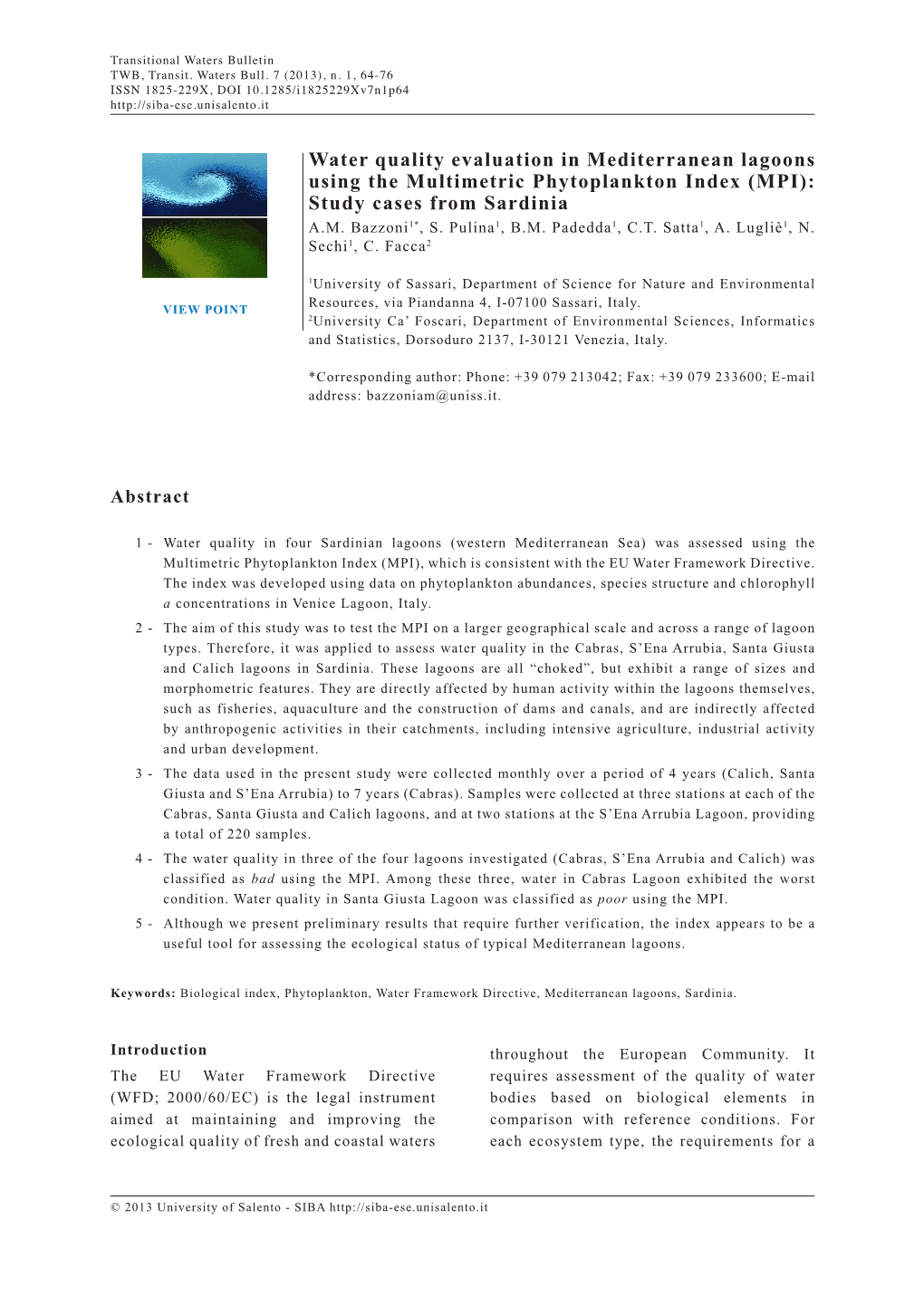 Water Quality Evaluation in Mediterranean Lagoons Using the Multimetric Phytoplankton Index (MPI): Study Cases from Sardinia A.M