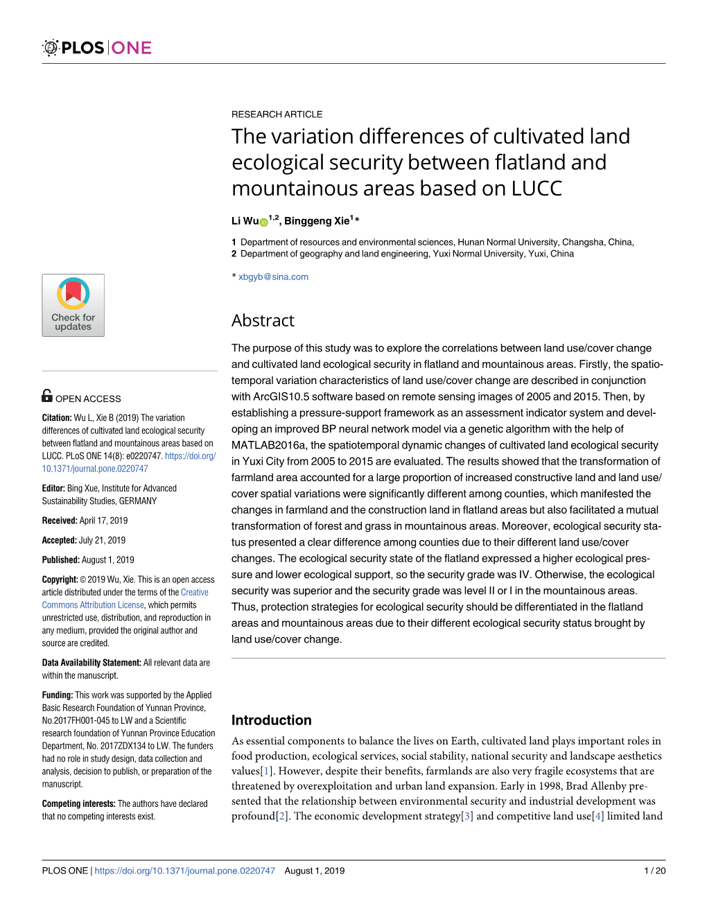 The Variation Differences of Cultivated Land Ecological Security Between Flatland and Mountainous Areas Based on LUCC