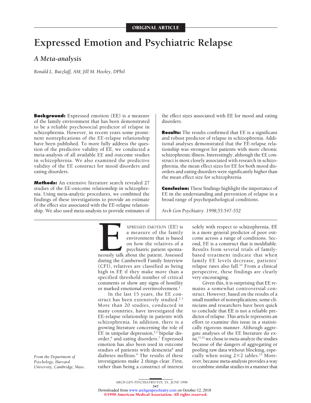 Expressed Emotion and Psychiatric Relapse a Meta-Analysis