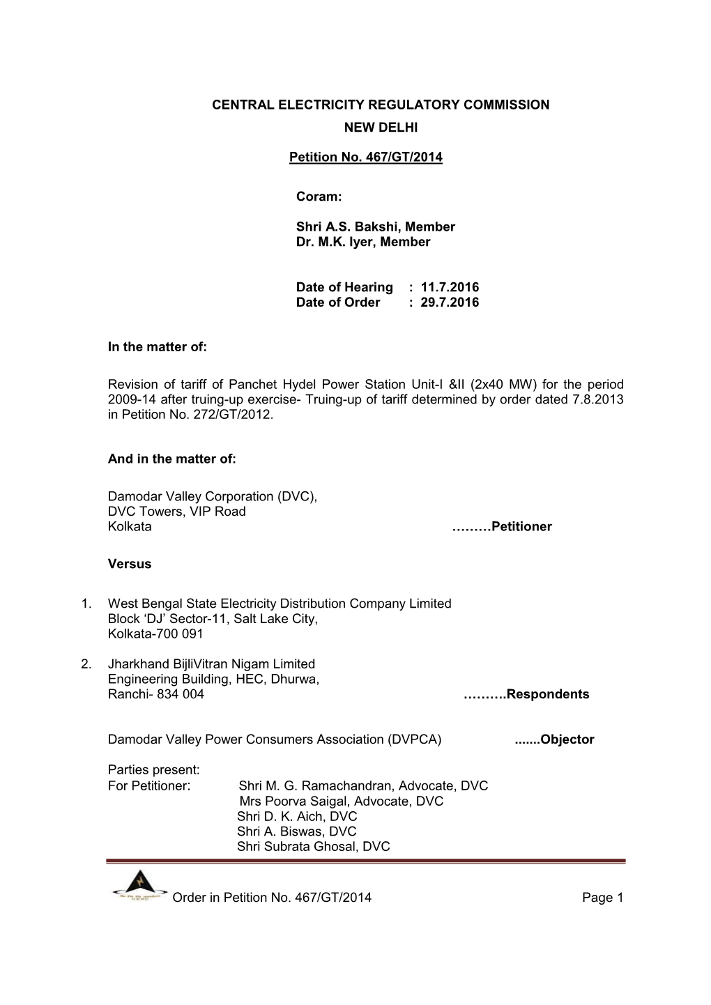 Revision of Tariff of Panchet Hydel Power Station Unit-I &II