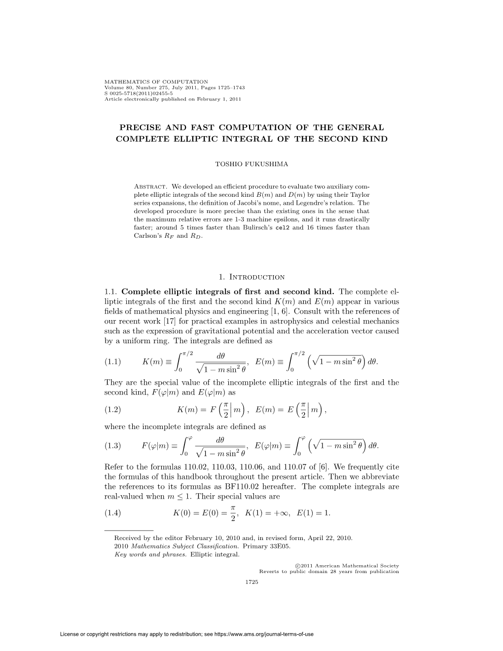 Precise and Fast Computation of the General Complete Elliptic Integral of the Second Kind