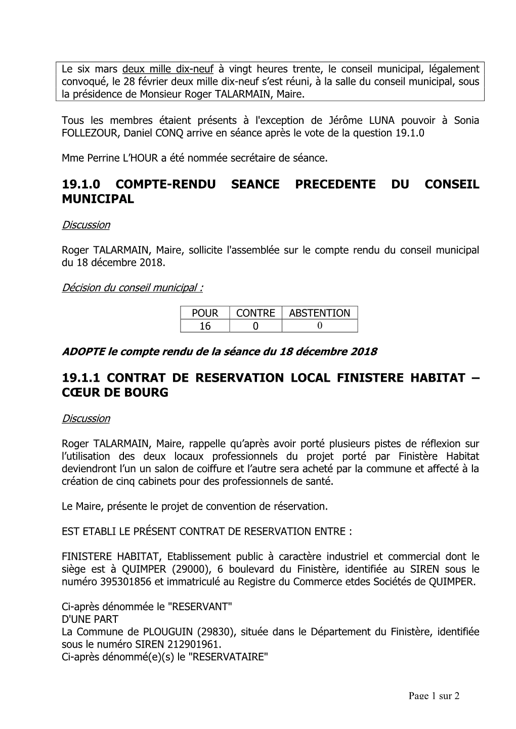 19.1.0 Compte-Rendu Seance Precedente Du Conseil Municipal