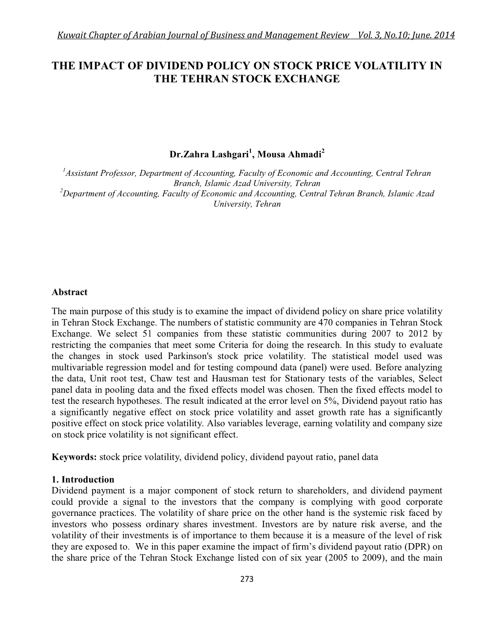 (2014). the Impact of Dividend Policy on Stock Price Volatility In