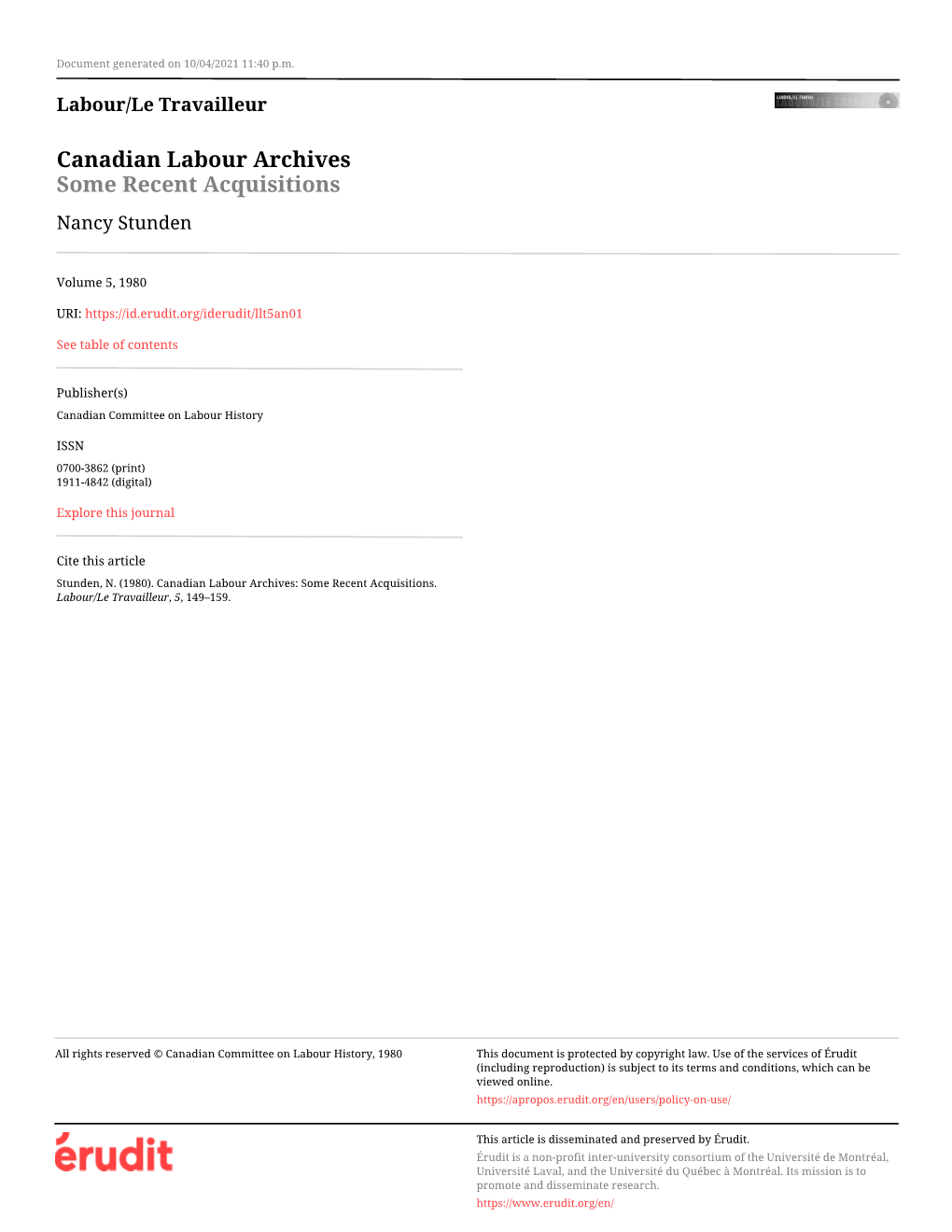 Canadian Labour Archives Some Recent Acquisitions Nancy Stunden