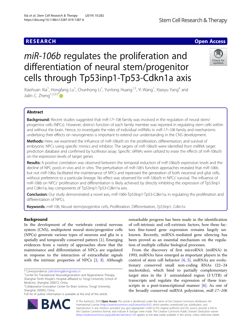 Mir-106B Regulates the Proliferation and Differentiation of Neural Stem/Progenitor Cells Through Tp53inp1-Tp53-Cdkn1a Axis