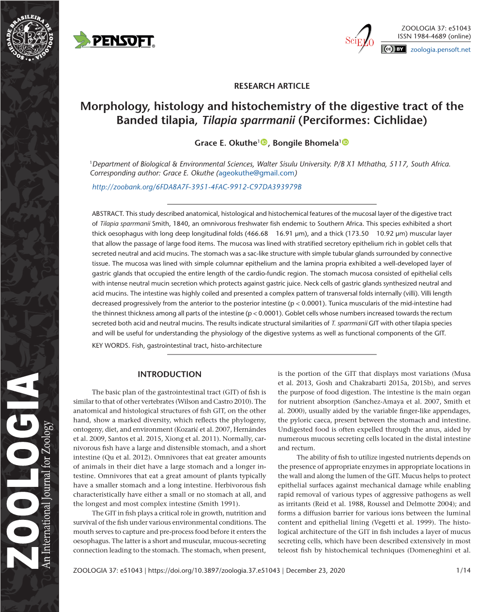 Morphology, Histology and Histochemistry of the Digestive Tract of the Banded Tilapia, Tilapia Sparrmanii (Perciformes: Cichlidae)