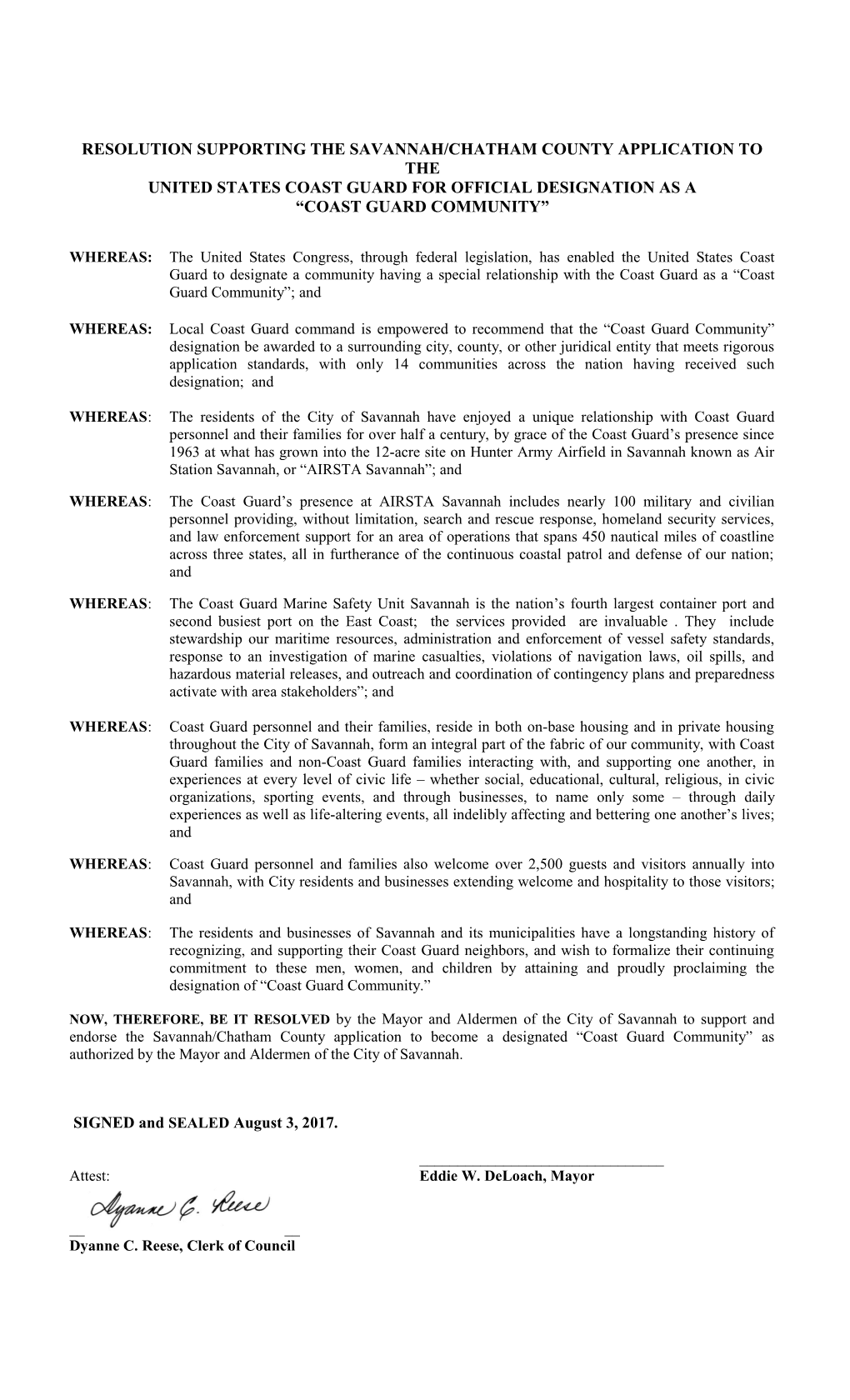 Resolution Supporting the Savannah/Chatham County Application to The