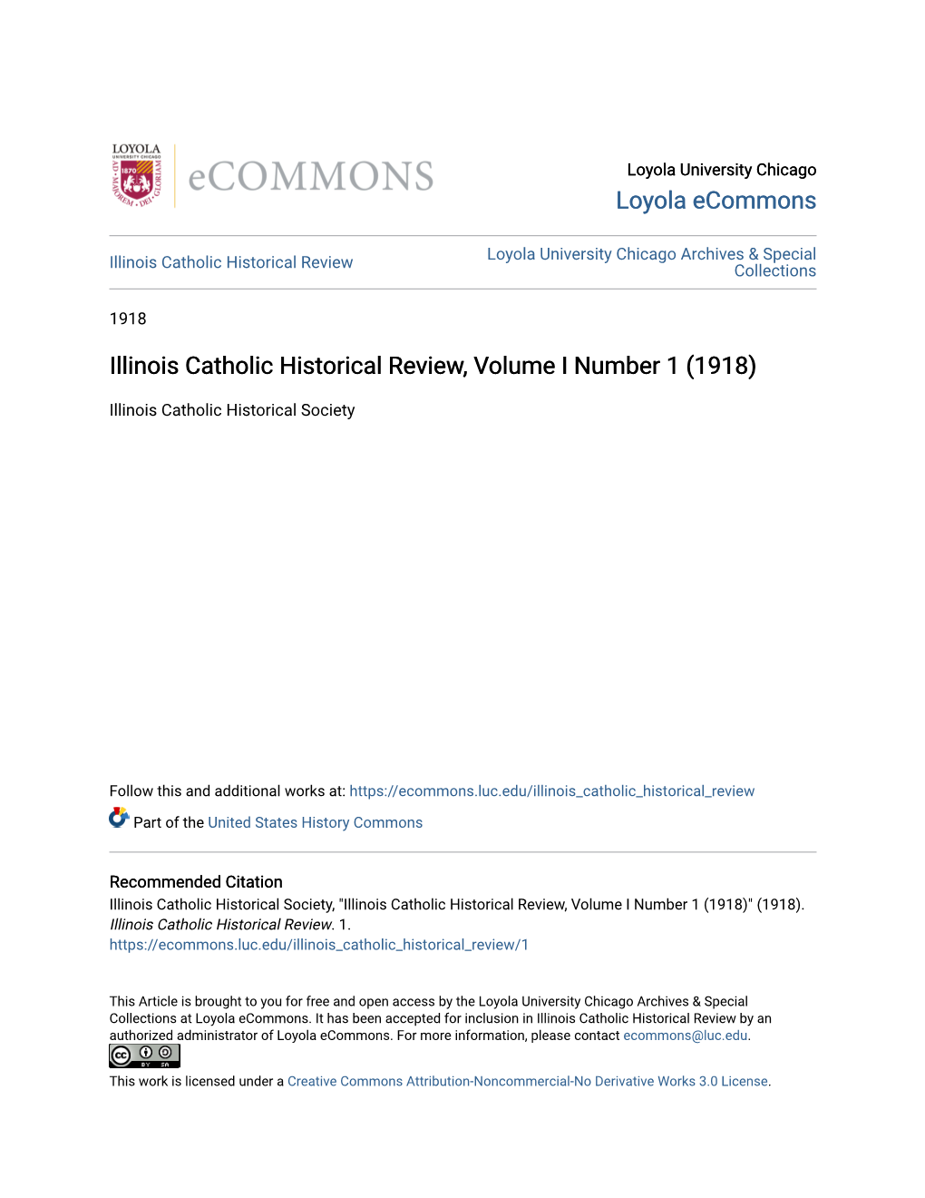 Illinois Catholic Historical Review, Volume I Number 1 (1918)