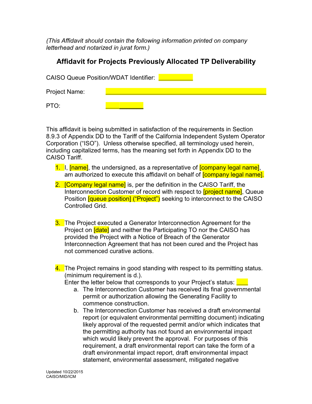 Affidavit Template for Projects Previously Allocated Transmission Plan Deliverability