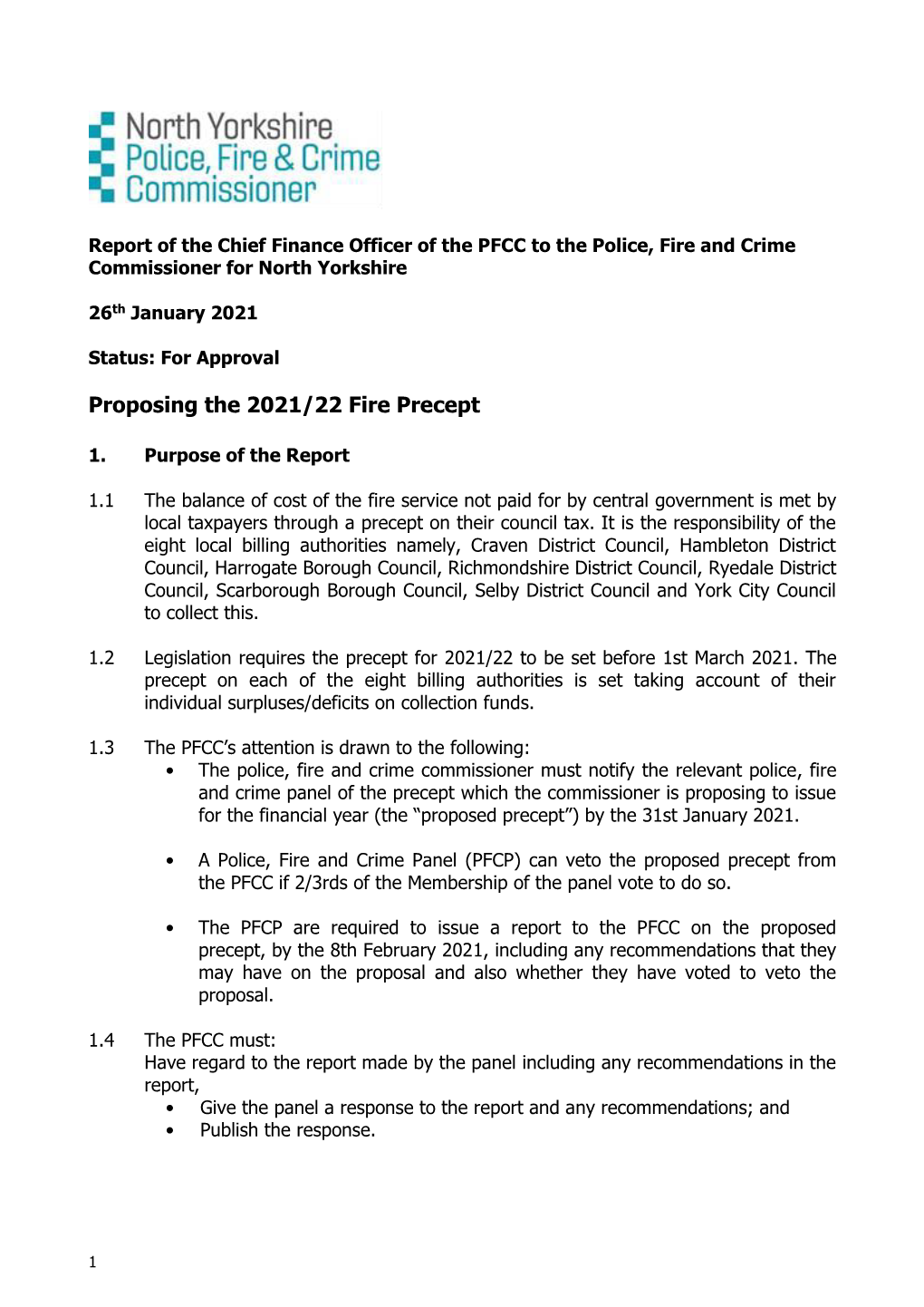 2021-22 Fire Precept – Report of the Chief Finance Officer of the PFCC