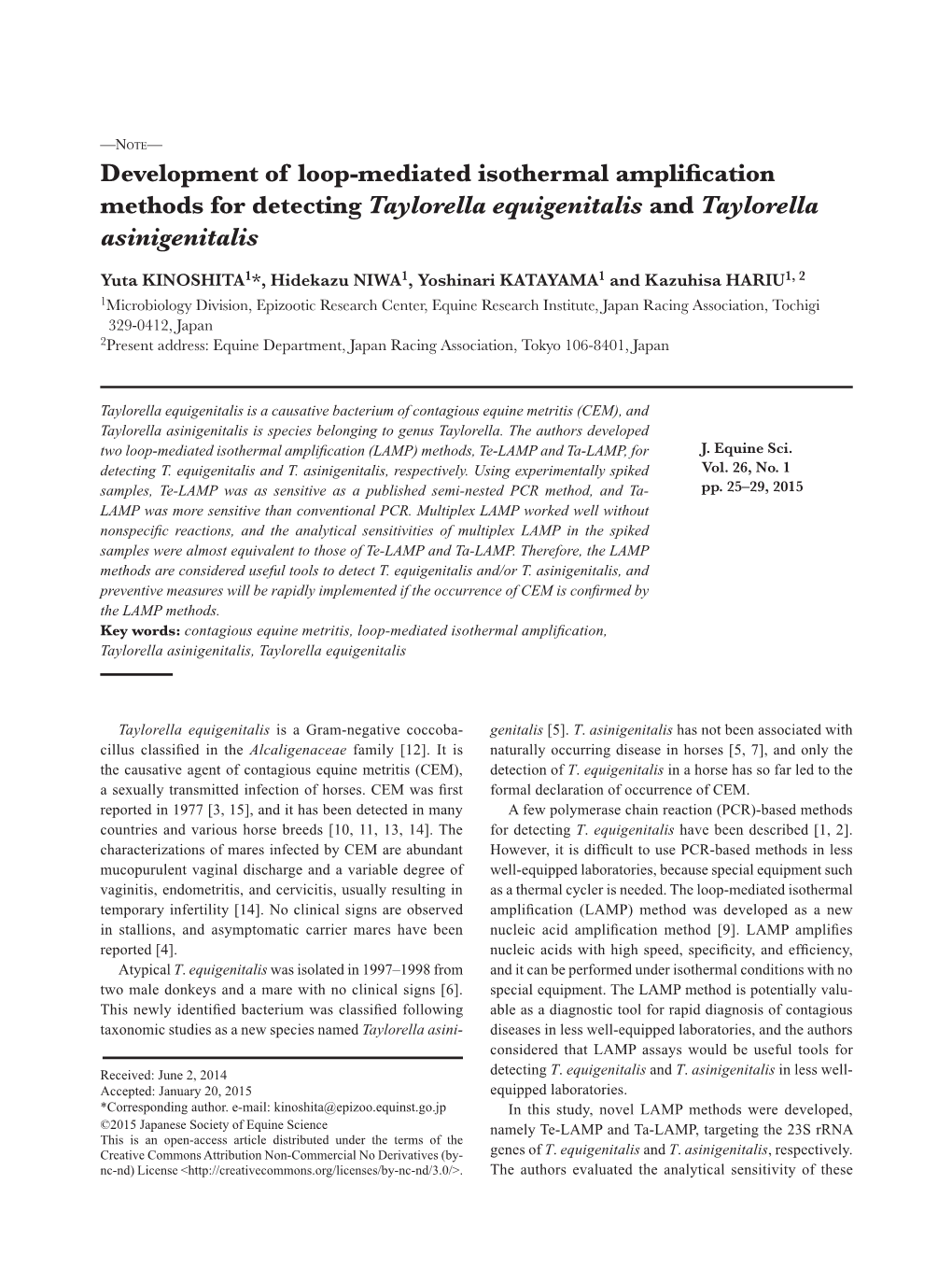 Development of Loop-Mediated Isothermal Amplification Methods for Detecting Taylorella Equigenitalis and Taylorella Asinigenitalis