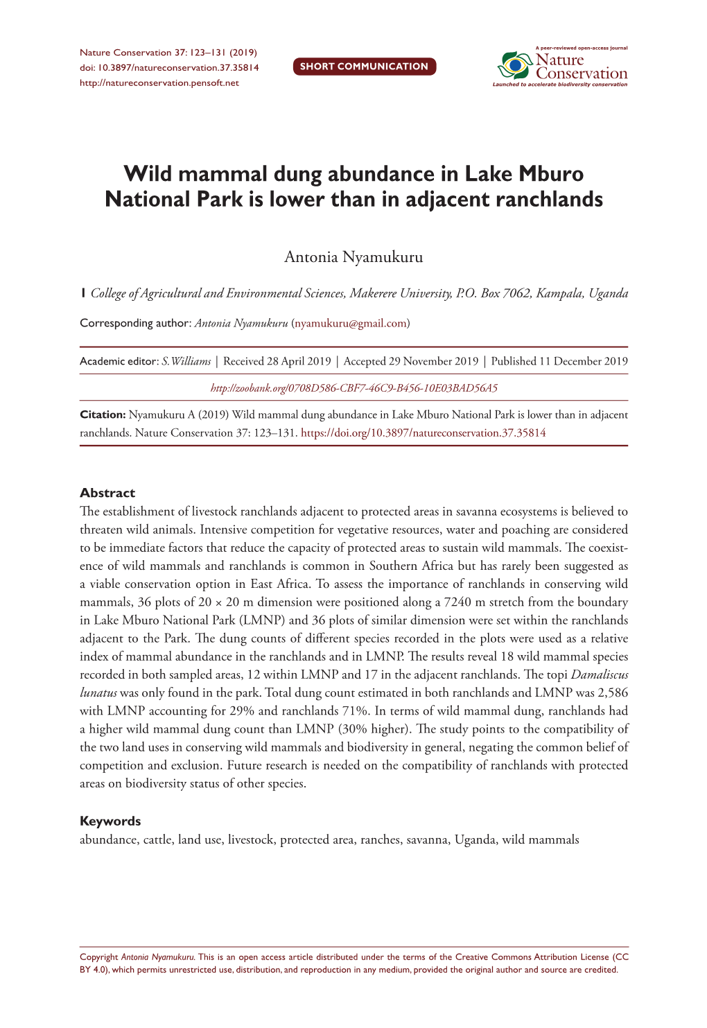 ﻿Wild Mammal Dung Abundance in Lake Mburo National Park Is Lower