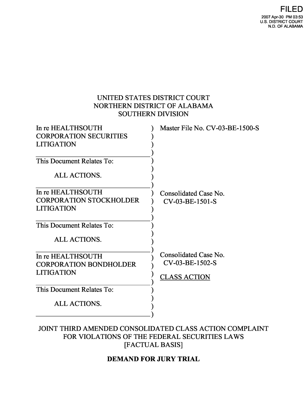 In Re Healthsouth Corporation Securities Litigation 03-CV-1500