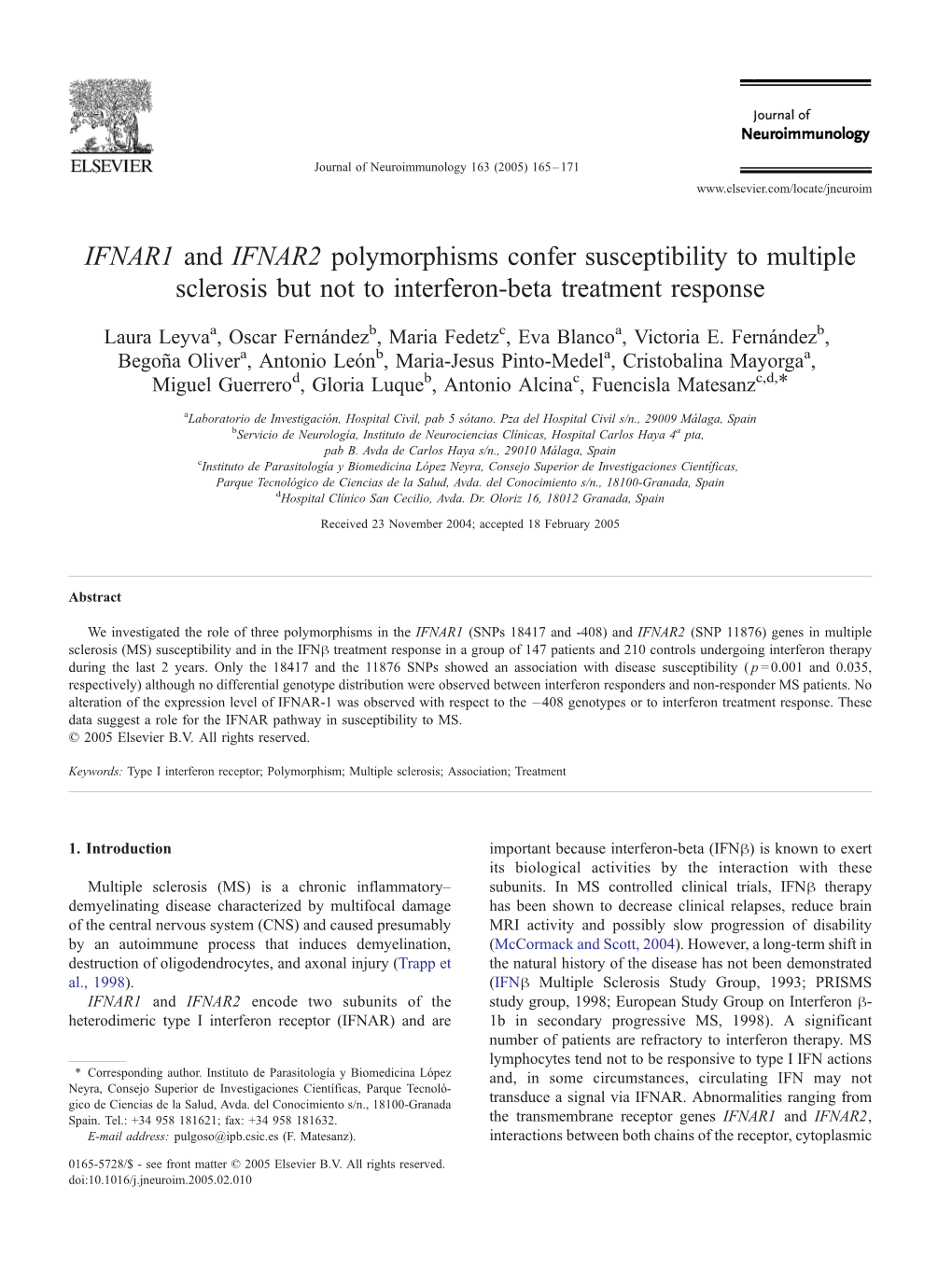 IFNAR1 and IFNAR2 Polymorphisms Confer Susceptibility to Multiple Sclerosis but Not to Interferon-Beta Treatment Response