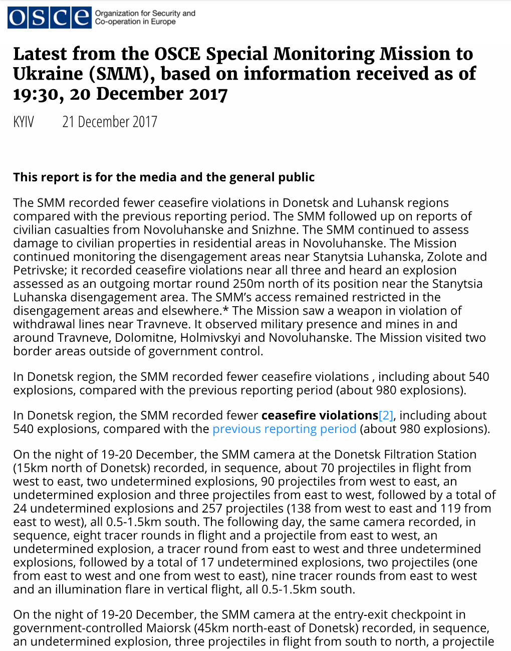 Latest from the OSCE Special Monitoring Mission to Ukraine (SMM), Based on Information Received As of 19:30, 20 December 2017 KYIV 21 December 2017