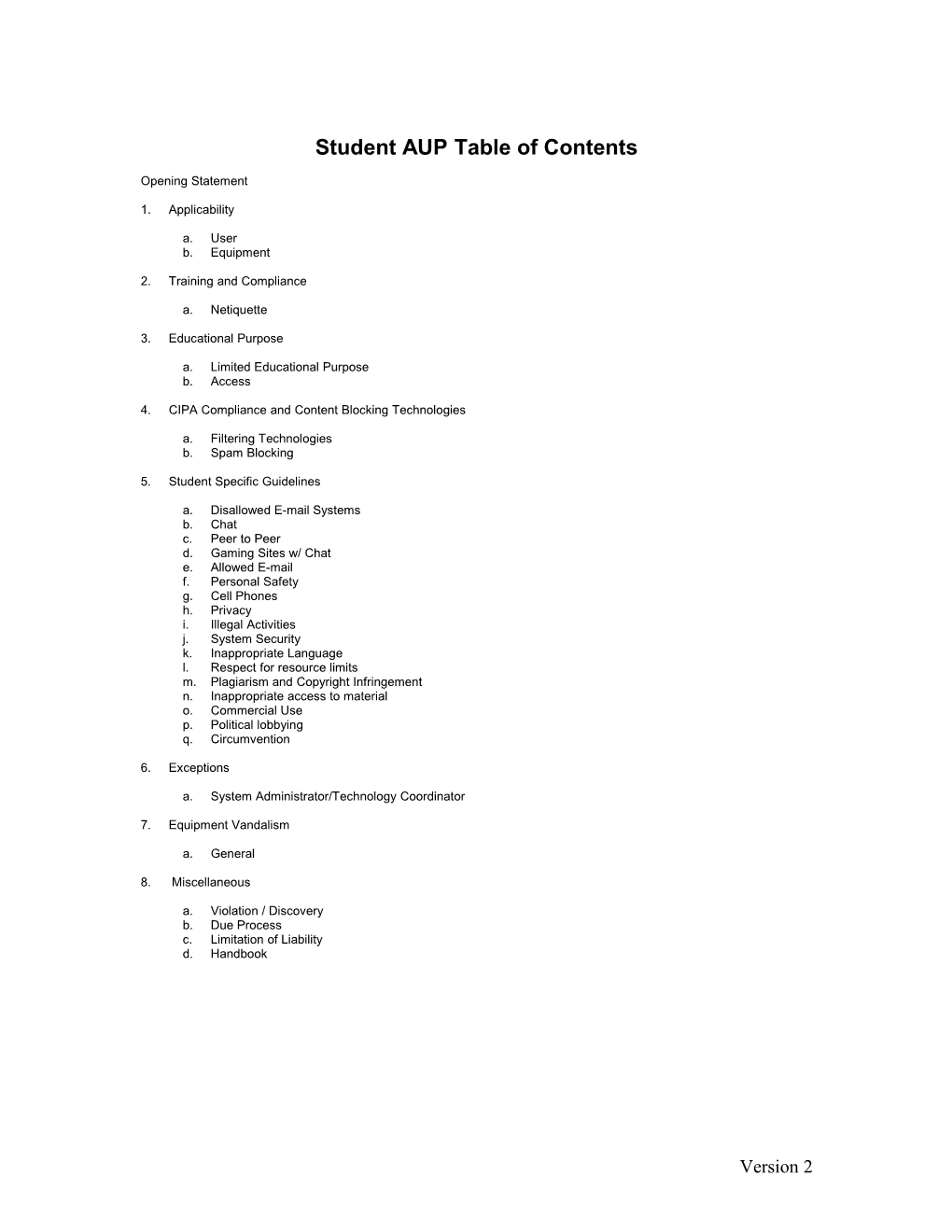 AUP Table of Contents