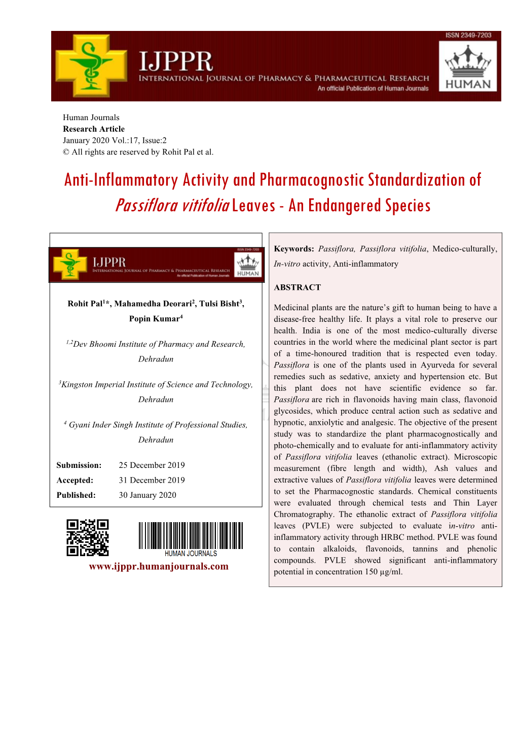Anti-Inflammatory Activity and Pharmacognostic Standardization of Passiflora Vitifolia Leaves - an Endangered Species