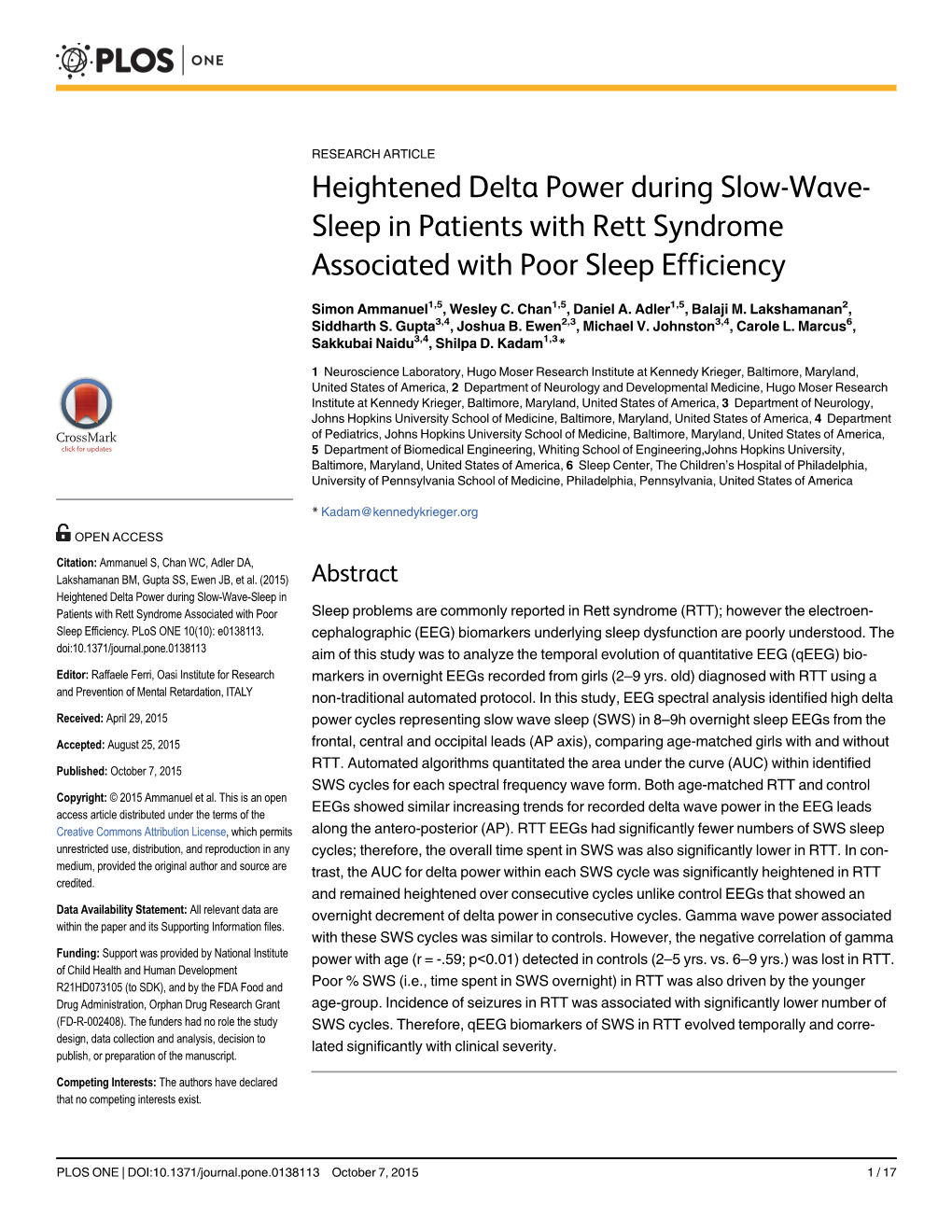Heightened Delta Power During Slow-Wave- Sleep in Patients with Rett Syndrome Associated with Poor Sleep Efficiency