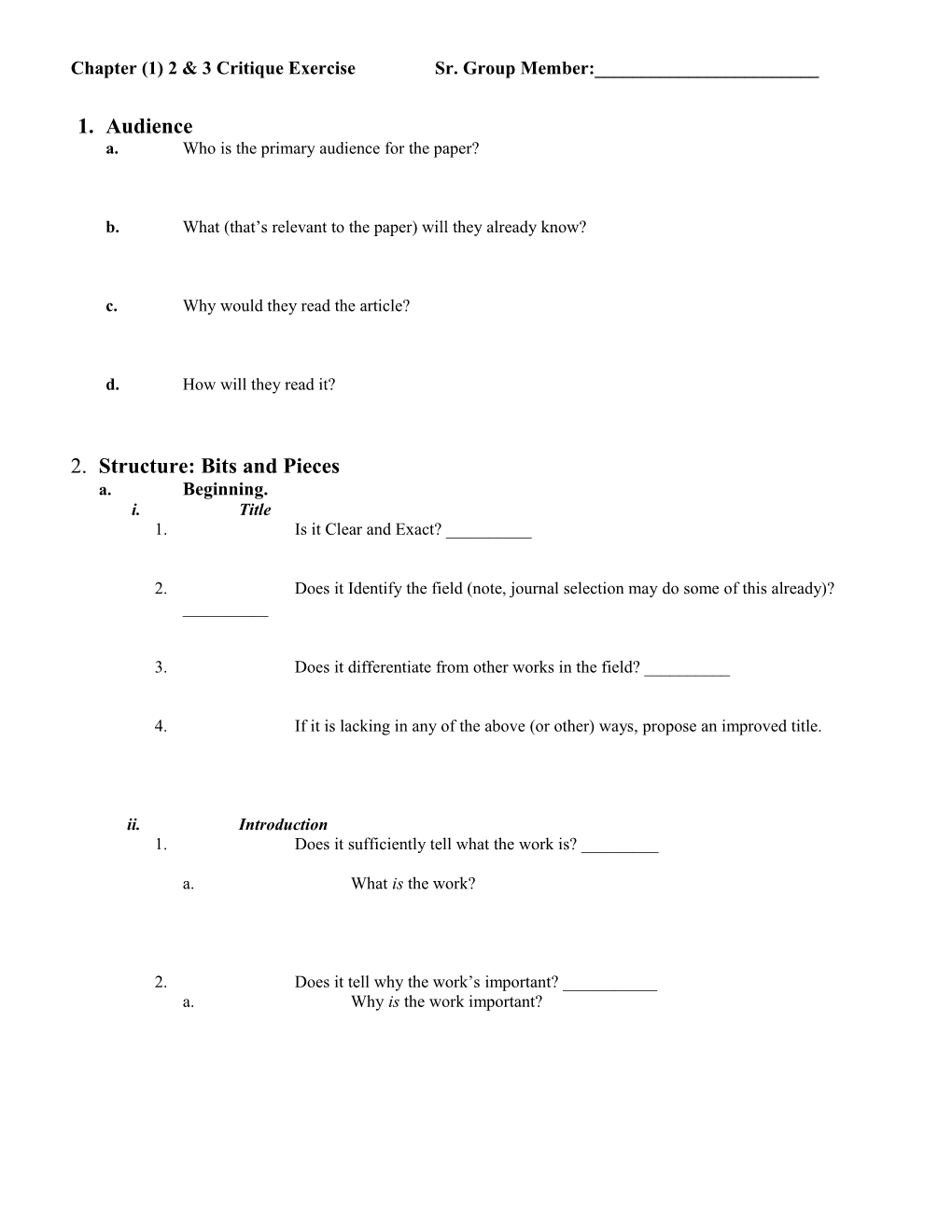 Chapter (1) 2 & 3 Critique Exercise Sr. Group Member:______