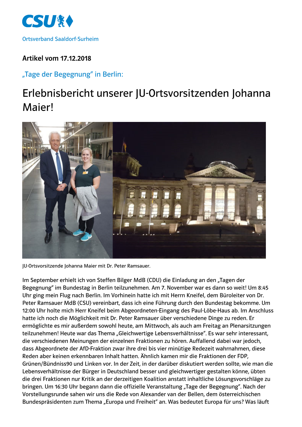 Tage Der Begegnung“ in Berlin: Erlebnisbericht Unserer JU-Ortsvorsitzenden Johanna Maier!