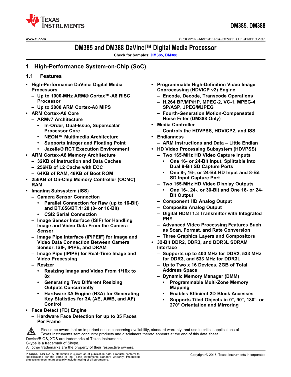 DM385 and DM388 Davinci Digital Media Processor Datasheet (Rev. D)