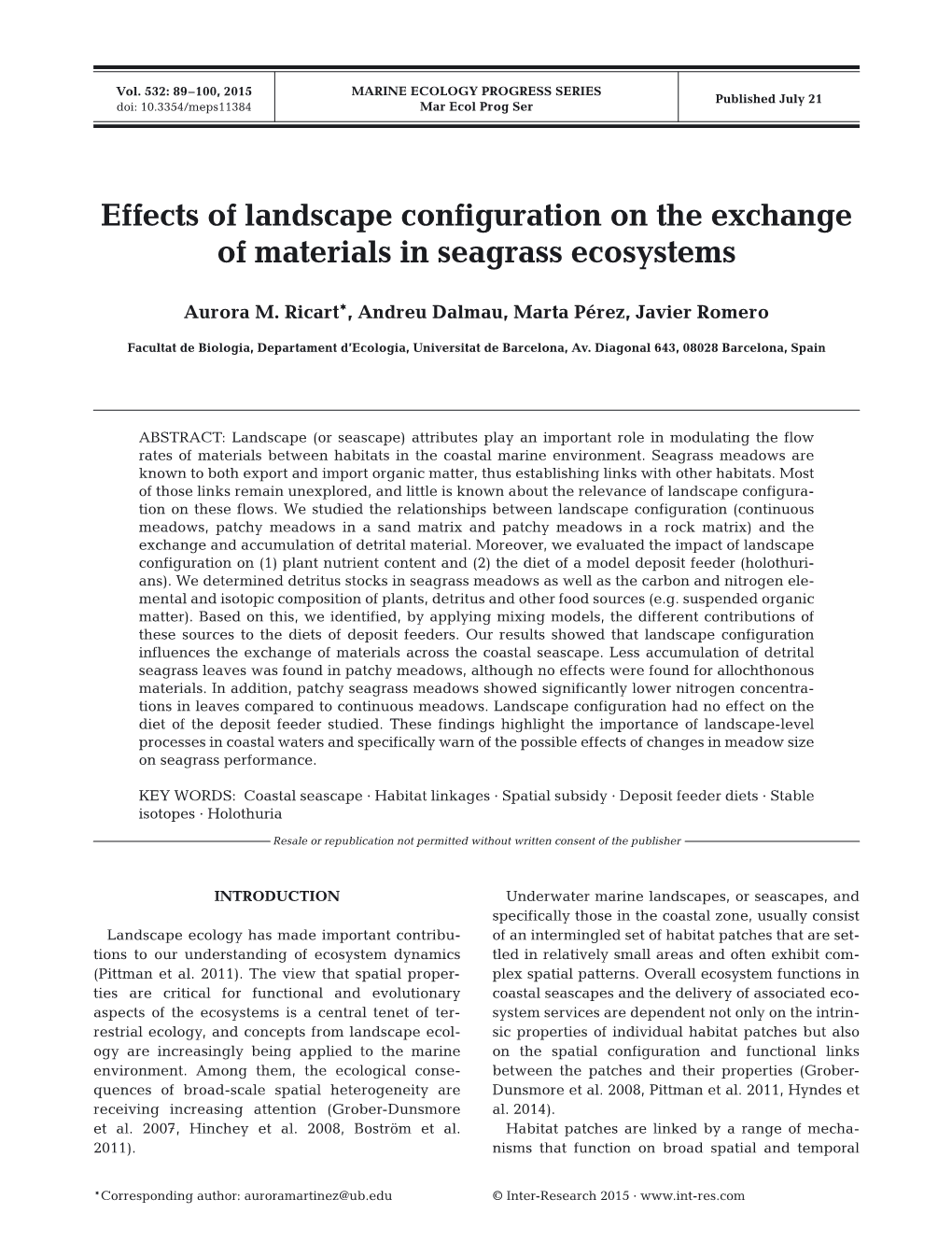 Effects of Landscape Configuration on the Exchange of Materials in Seagrass Ecosystems