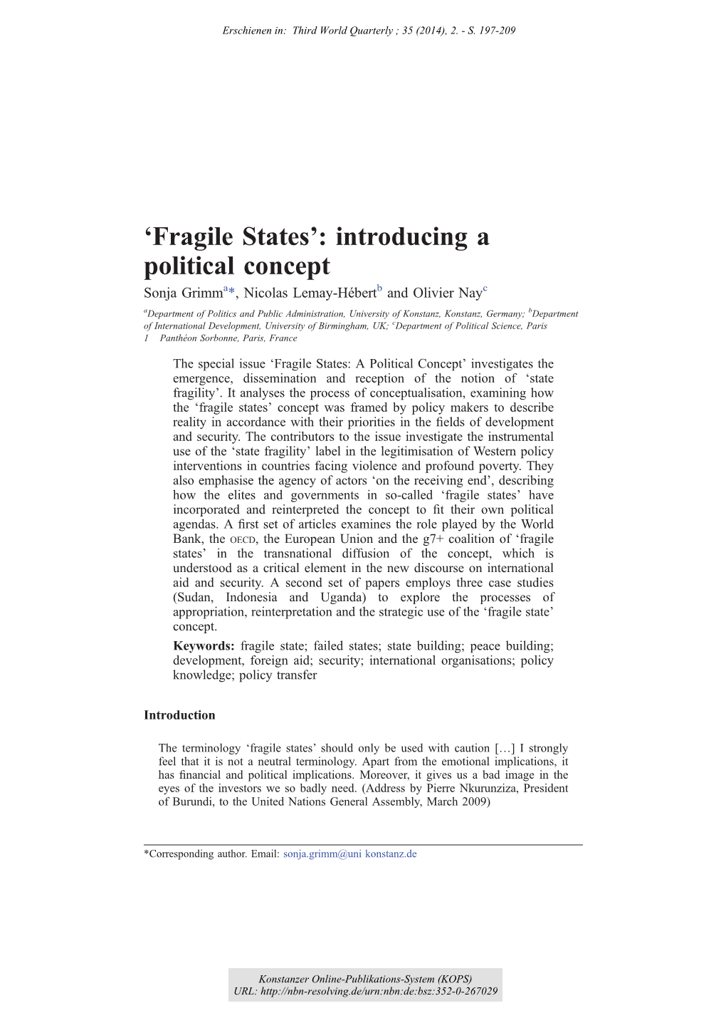 'Fragile States' : Introducing a Political Concept