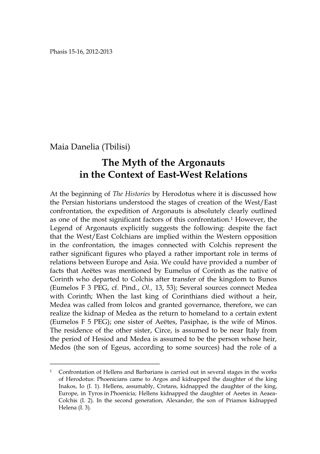 The Myth of the Argonauts in the Context of East-West Relations