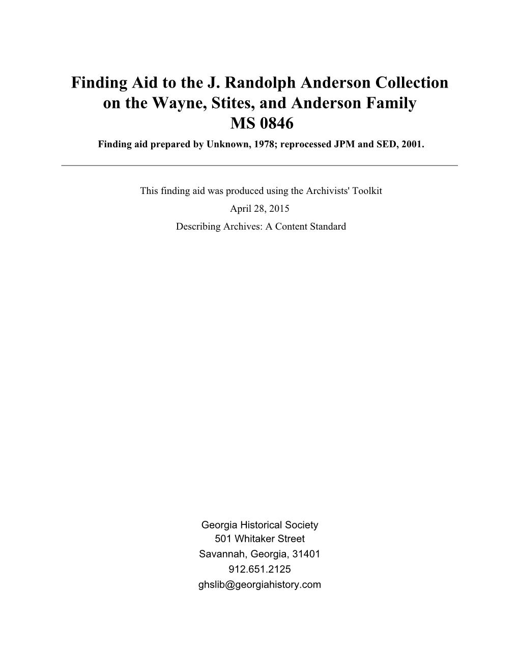 Finding Aid to the J. Randolph Anderson Collection on the Wayne