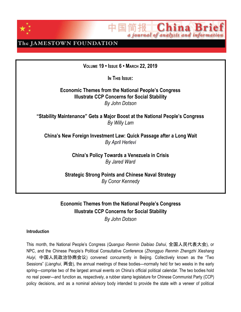 VOLUME 19 • ISSUE 6 • MARCH 22, 2019 Economic Themes from The