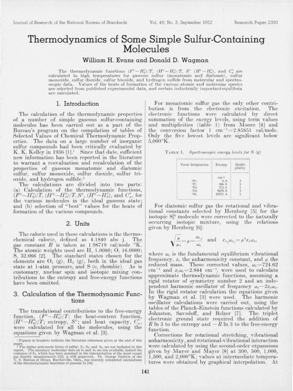 Thermodynamics of Some Simple Sulfur-Containing Molecules William H